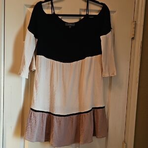 Umgee Black, Cream & Taupe Tiered Midi Dress